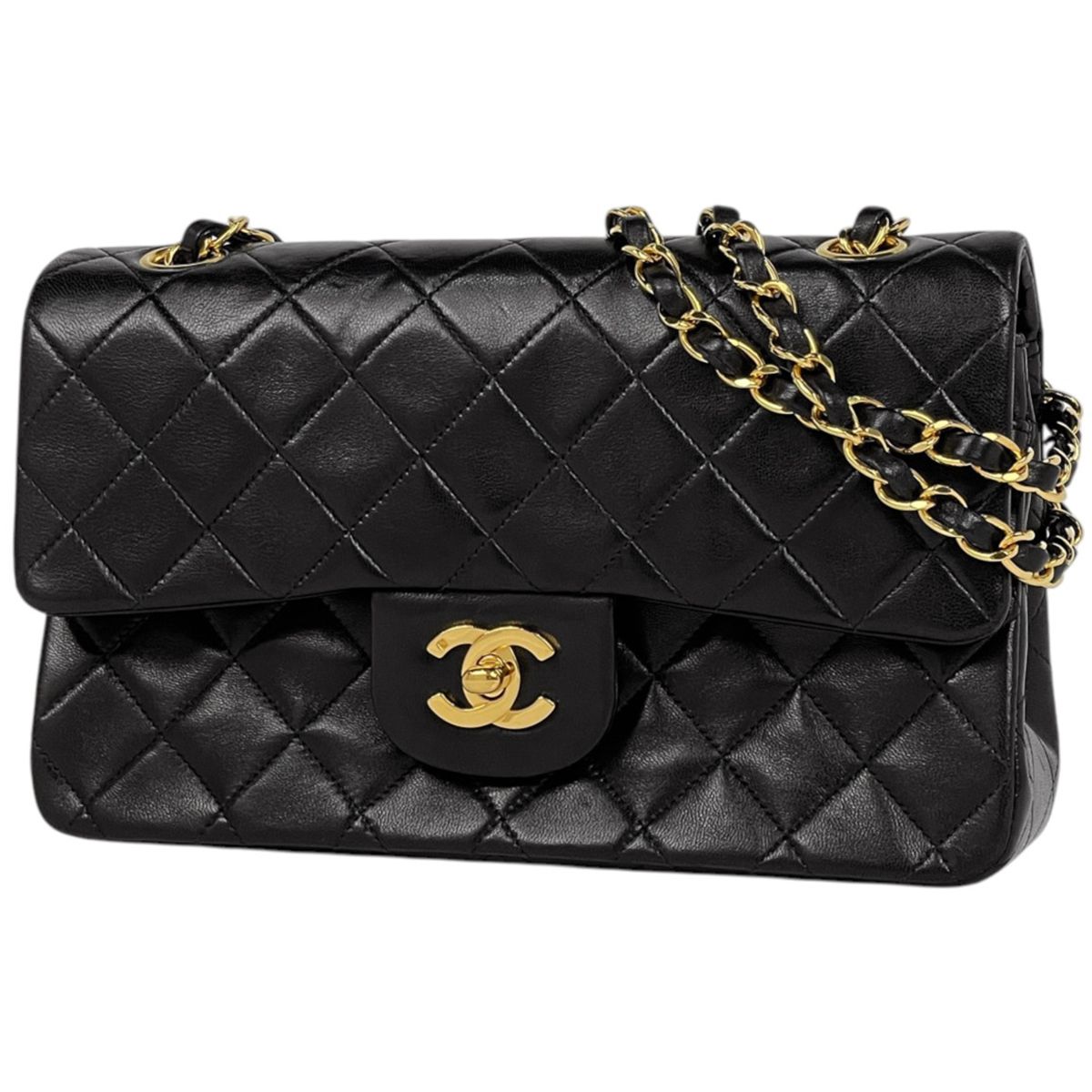 Chanel Shoulder Bag Quilted Double Flap CC Logo Leather Black