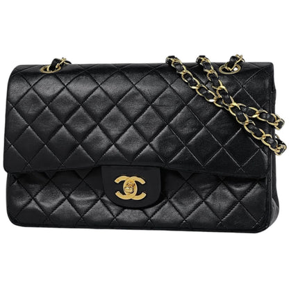 Chanel Shoulder Bag Quilted Double Flap CC Logo Leather Black
