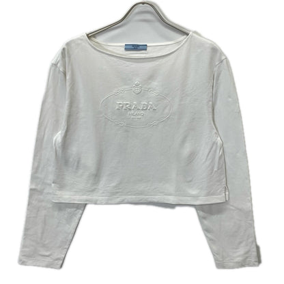 Prada White Logo Boat Neck Long Sleeve T-Shirt XS