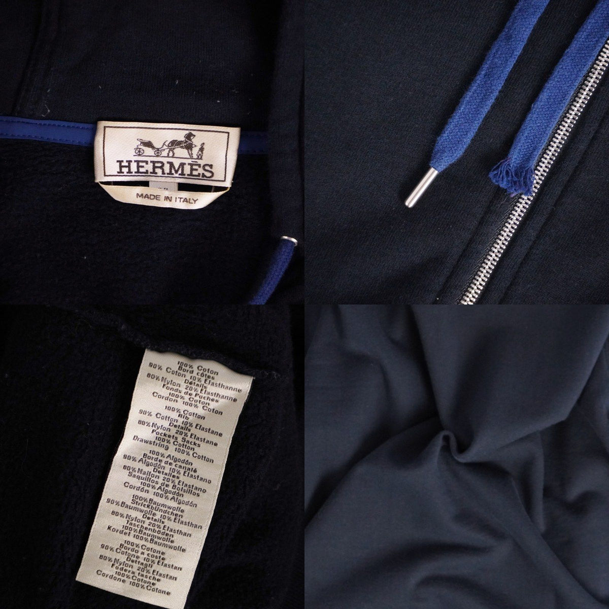 Hermes Hoodie Run H Long Sleeve Sweatshirt Zip Up Top Cotton Navy XXL — view 6