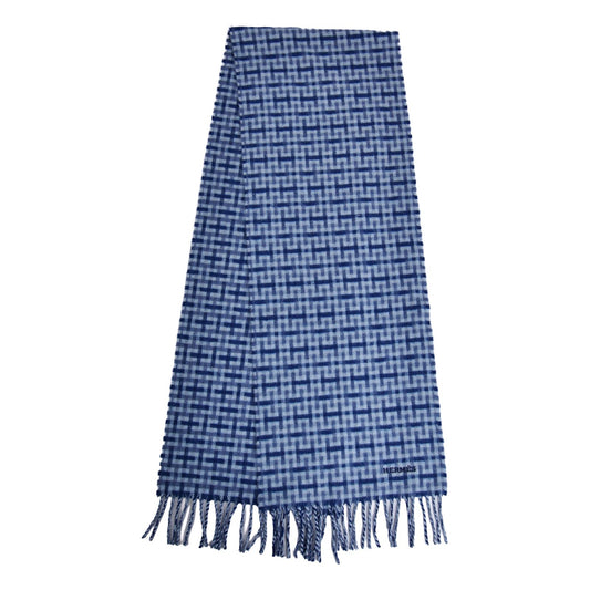 Hermes Scarf Shawl Fringe Check Cashmere Blue