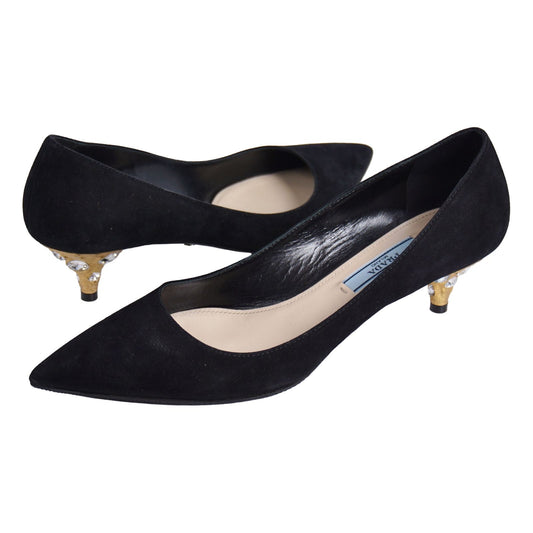 Prada Pumps Bijou Decoration Heels Shoes Suede Black