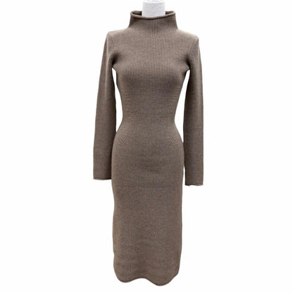 Hermes Cashmere 100% Silver Sellier High Neck Long Sleeve Knit Dress Brown 34