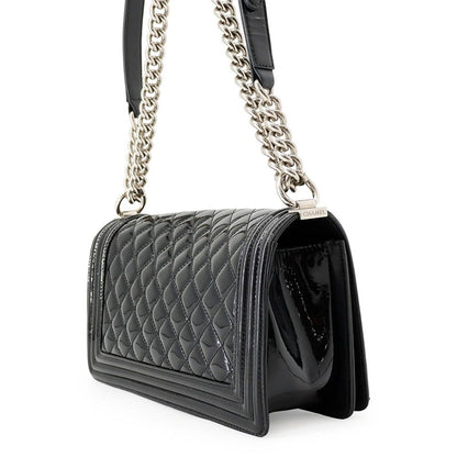 Chanel Chain Shoulder Bag CC Logo Quilted Boy Patent Black — view 2