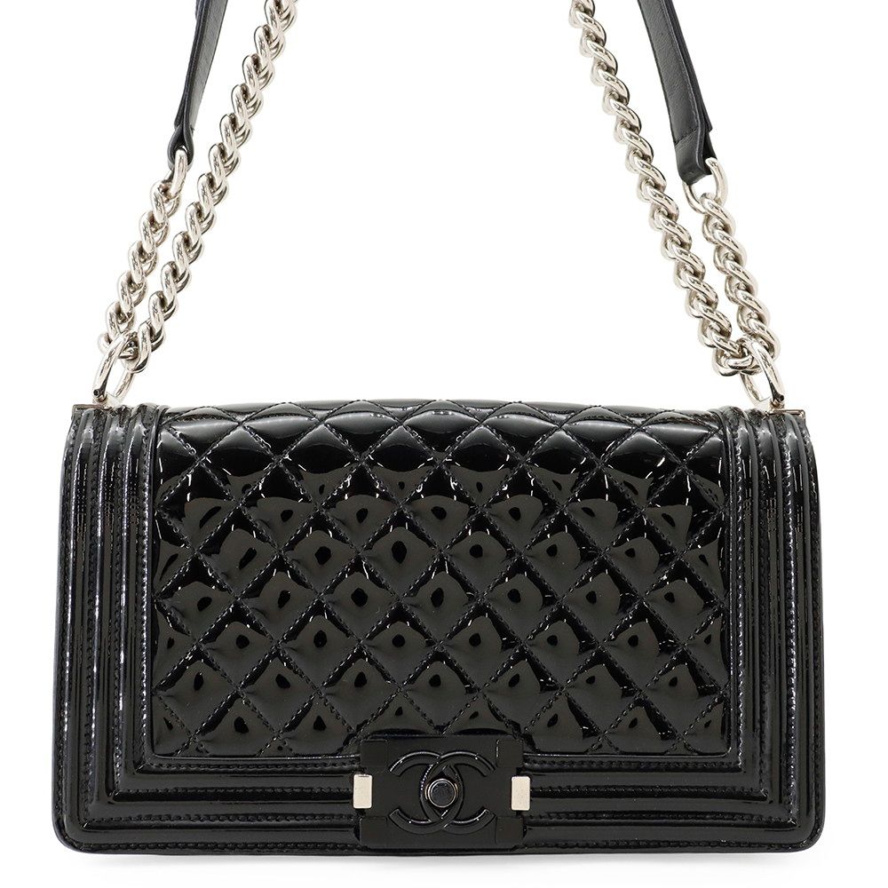 Chanel Chain Shoulder Bag CC Logo Quilted Boy Patent Black