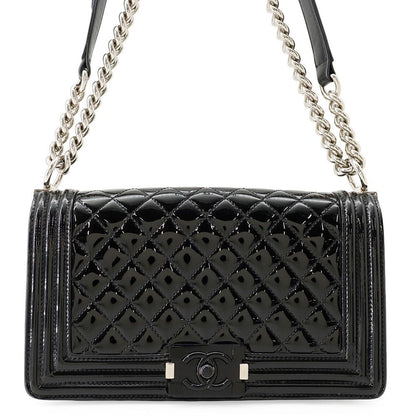 Chanel Chain Shoulder Bag CC Logo Quilted Boy Patent Black