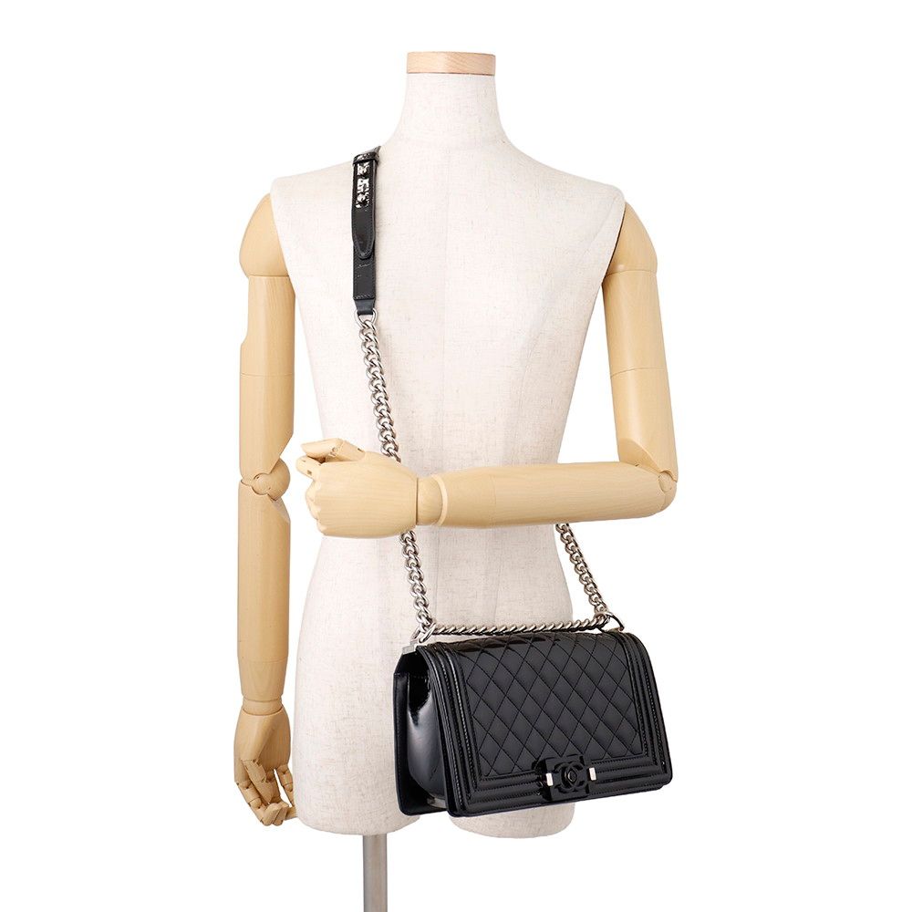 Chanel Chain Shoulder Bag CC Logo Quilted Boy Patent Black — view 5