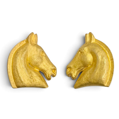 Hermes Vintage Cheval Horse Head Earrings for Both Ears Gold Heavy Feeling