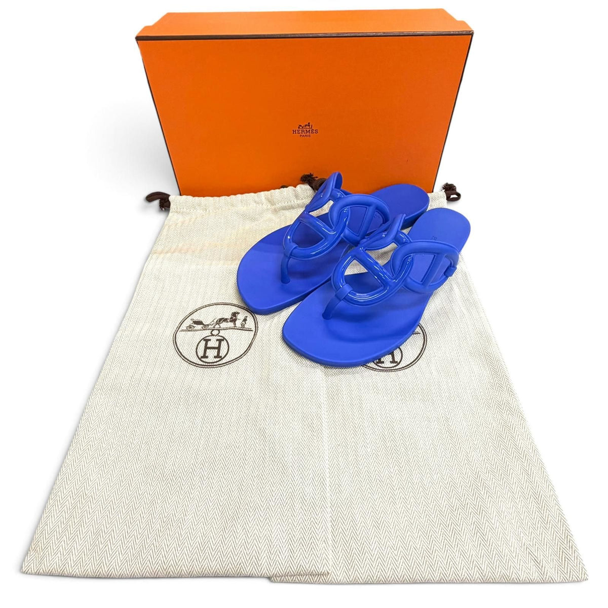 Hermes Egerie Chaine D'ancre Motif Rubber Flat Sandals Thong Blue — view 2