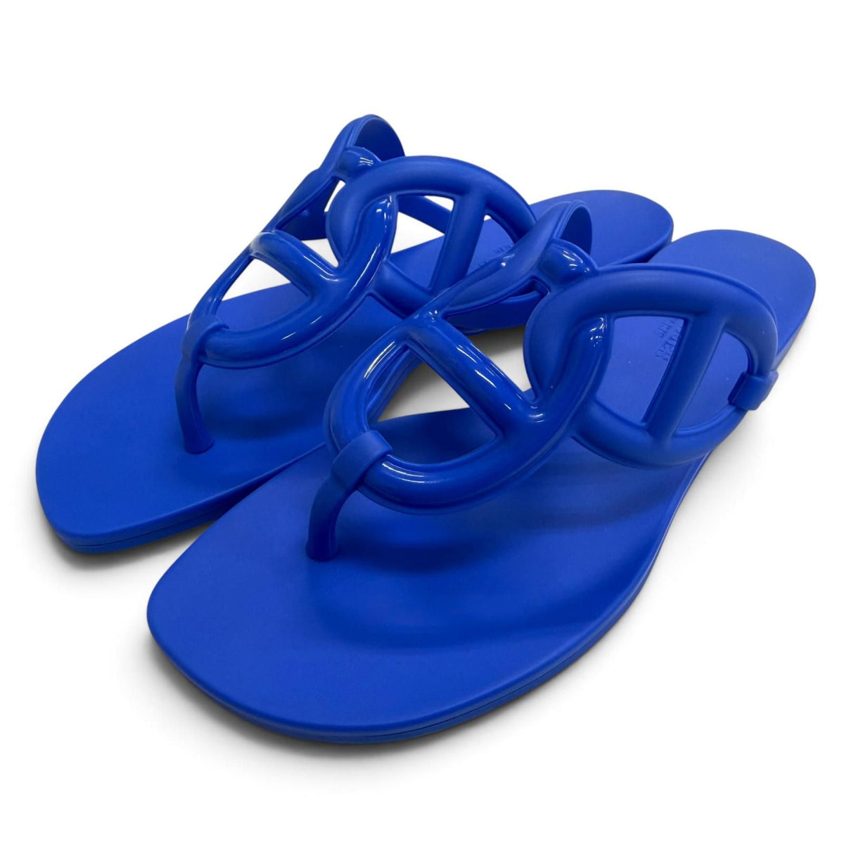 Hermes Egerie Chaine D'ancre Motif Rubber Flat Sandals Thong Blue