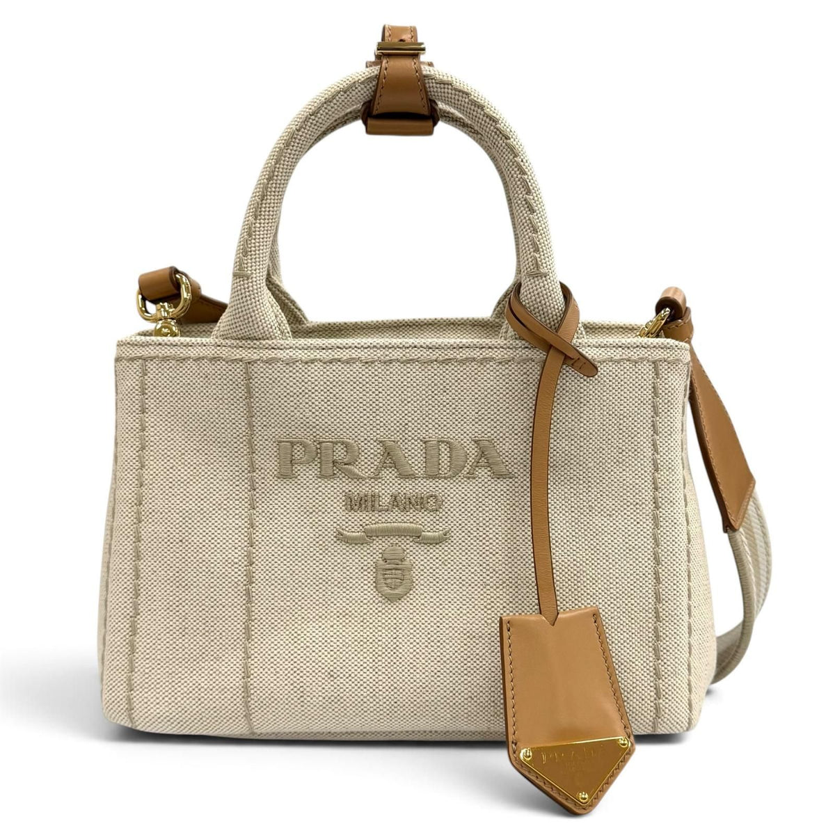 Prada Canapa Licamo Jardiniere Linen Blend Mini Handbag Natural