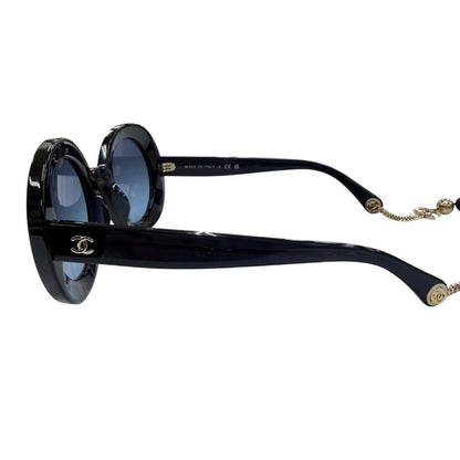 Chanel CC Logo Round Shape Sunglasses with Pearl Chain Dark Navy Demo Lens — view 5