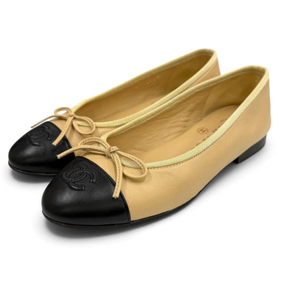 Chanel Ballerina CC Logo Embroidery Leather Flat Pumps Beige Black