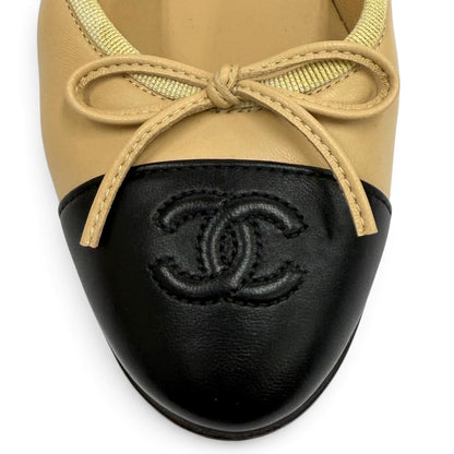 Chanel Ballerina CC Logo Embroidery Leather Flat Pumps Beige Black — view 7
