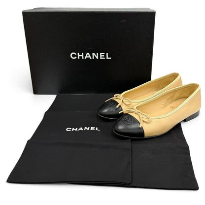 Chanel Ballerina CC Logo Embroidery Leather Flat Pumps Beige Black — view 2