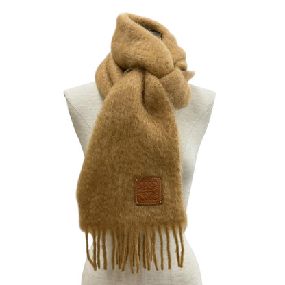 Loewe Mohair Wool Blend Leather Anagram Patch with Fringe Scarf Brown — view 2