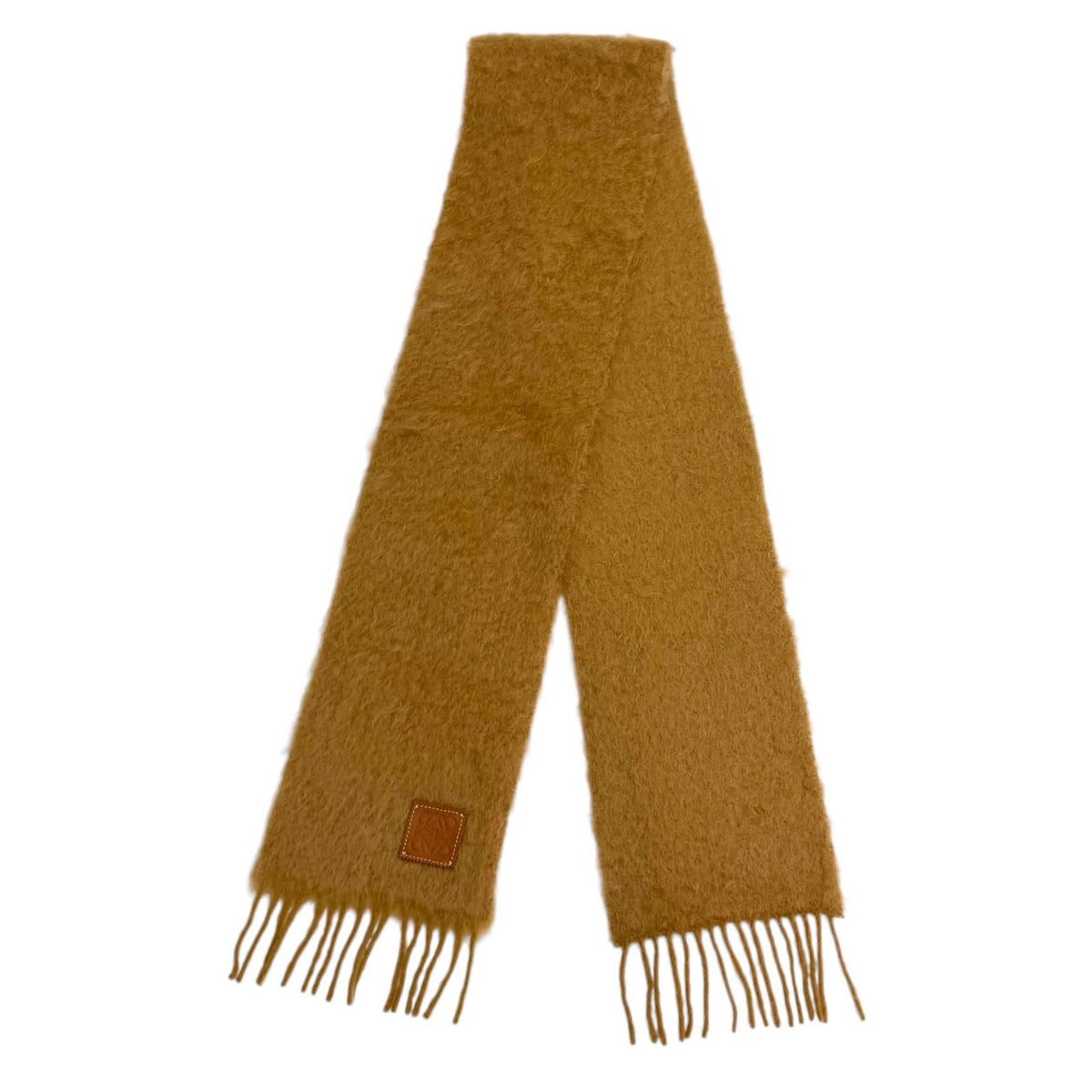 Loewe Mohair Wool Blend Leather Anagram Patch with Fringe Scarf Brown — view 3