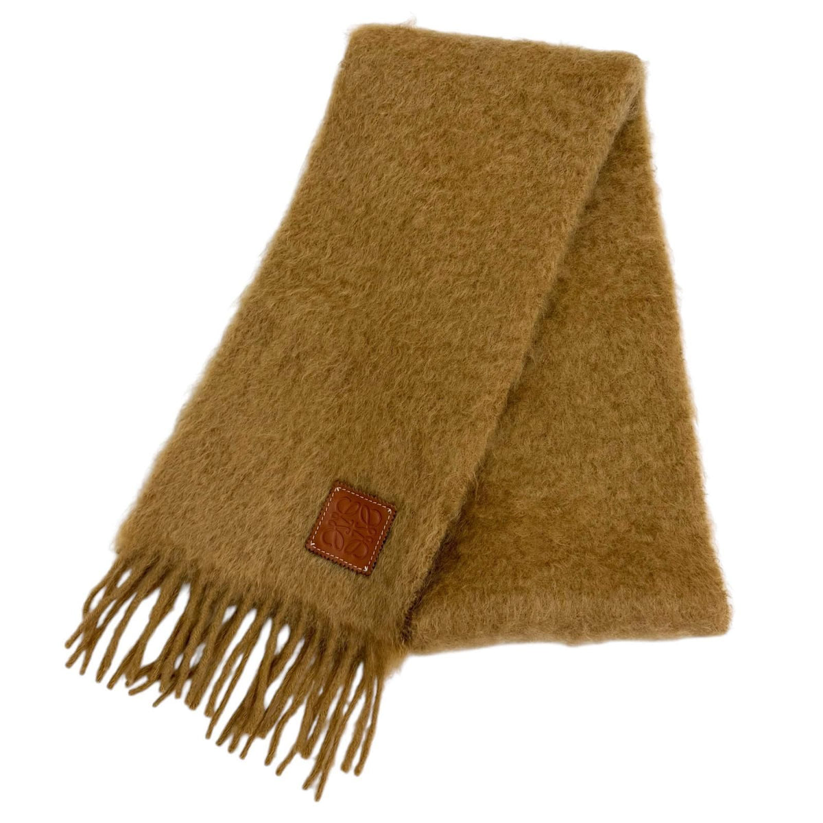Loewe Mohair Wool Blend Leather Anagram Patch with Fringe Scarf Brown