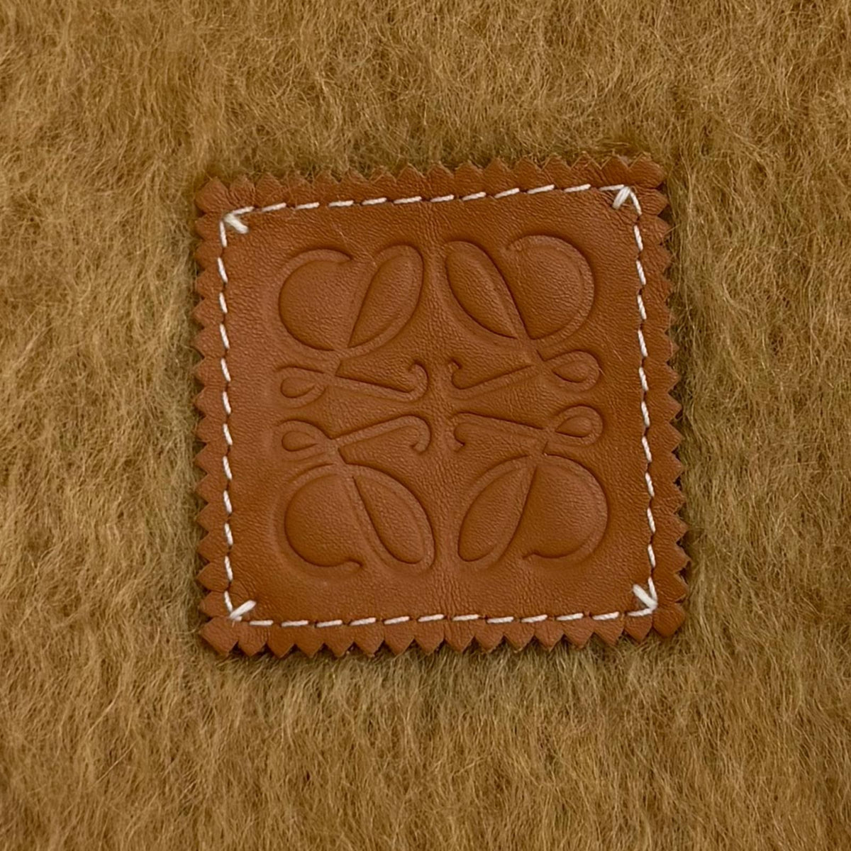Loewe Mohair Wool Blend Leather Anagram Patch with Fringe Scarf Brown — view 6