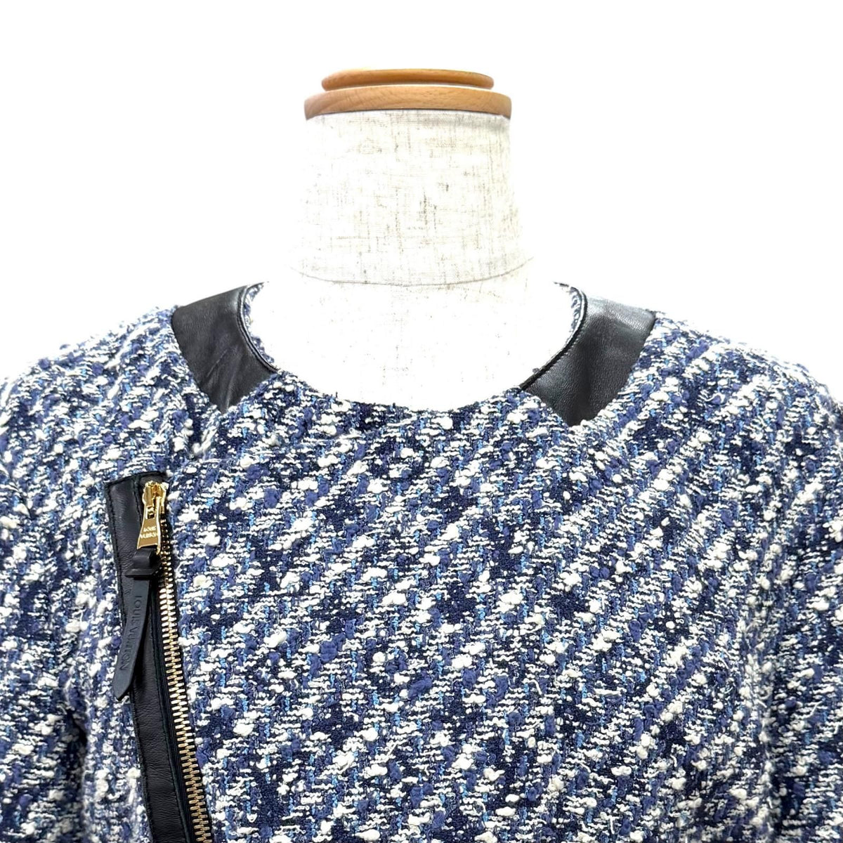 Louis Vuitton Leather Use Shadow Monogram Tweed Collarless Jacket Blue 34 — view 2