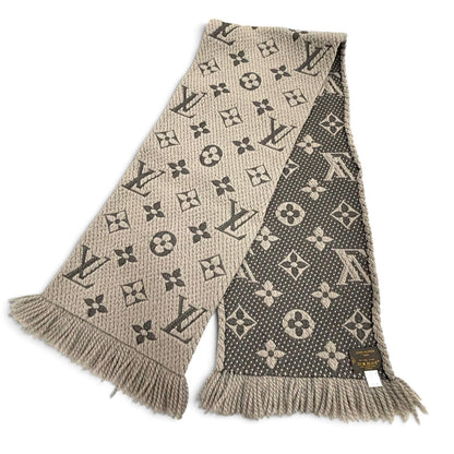 Louis Vuitton Logomania Scarf Monogram Wool Silk Fringed Greige — view 3