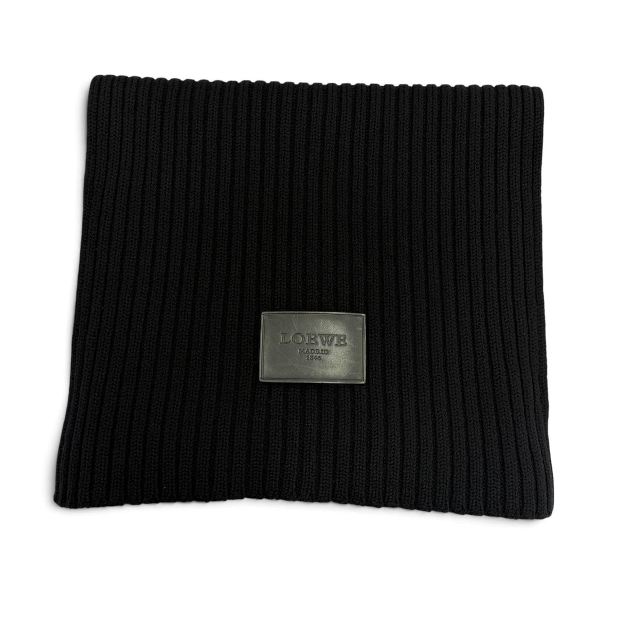 Loewe Wool 100% Leather with Patch Low Gauge Knit Long Scarf Black Sweater