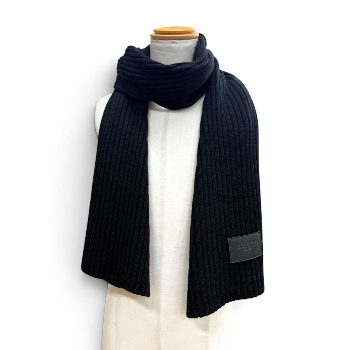 Loewe Wool 100% Leather with Patch Low Gauge Knit Long Scarf Black Sweater — view 2