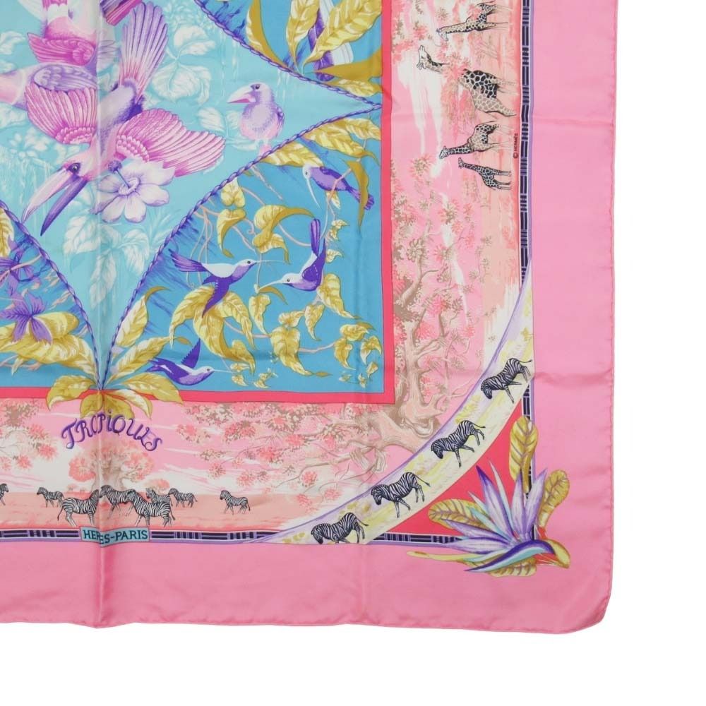 Hermes Tropiques Carre 90 Large Scarf Tropical Animal Silk Twill Shawl Pink — view 4