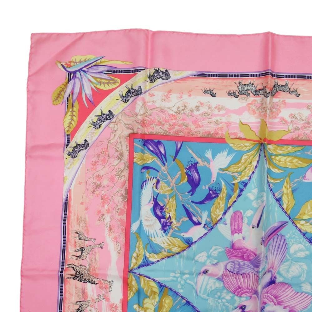 Hermes Tropiques Carre 90 Large Scarf Tropical Animal Silk Twill Shawl Pink — view 2