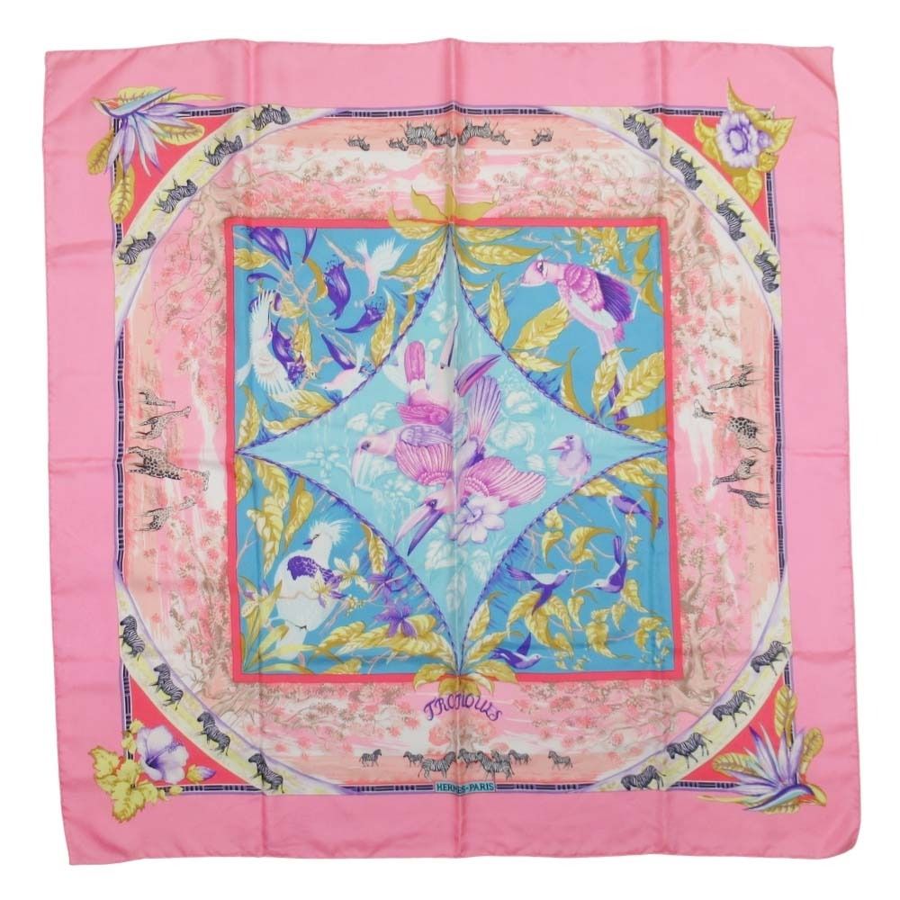 Hermes Tropiques Carre 90 Large Scarf Tropical Animal Silk Twill Shawl Pink