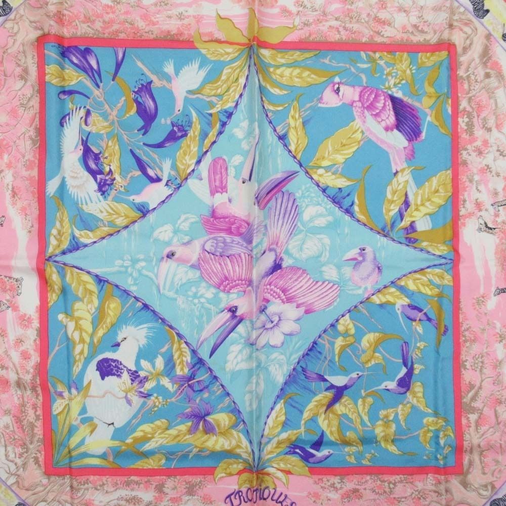 Hermes Tropiques Carre 90 Large Scarf Tropical Animal Silk Twill Shawl Pink — view 6