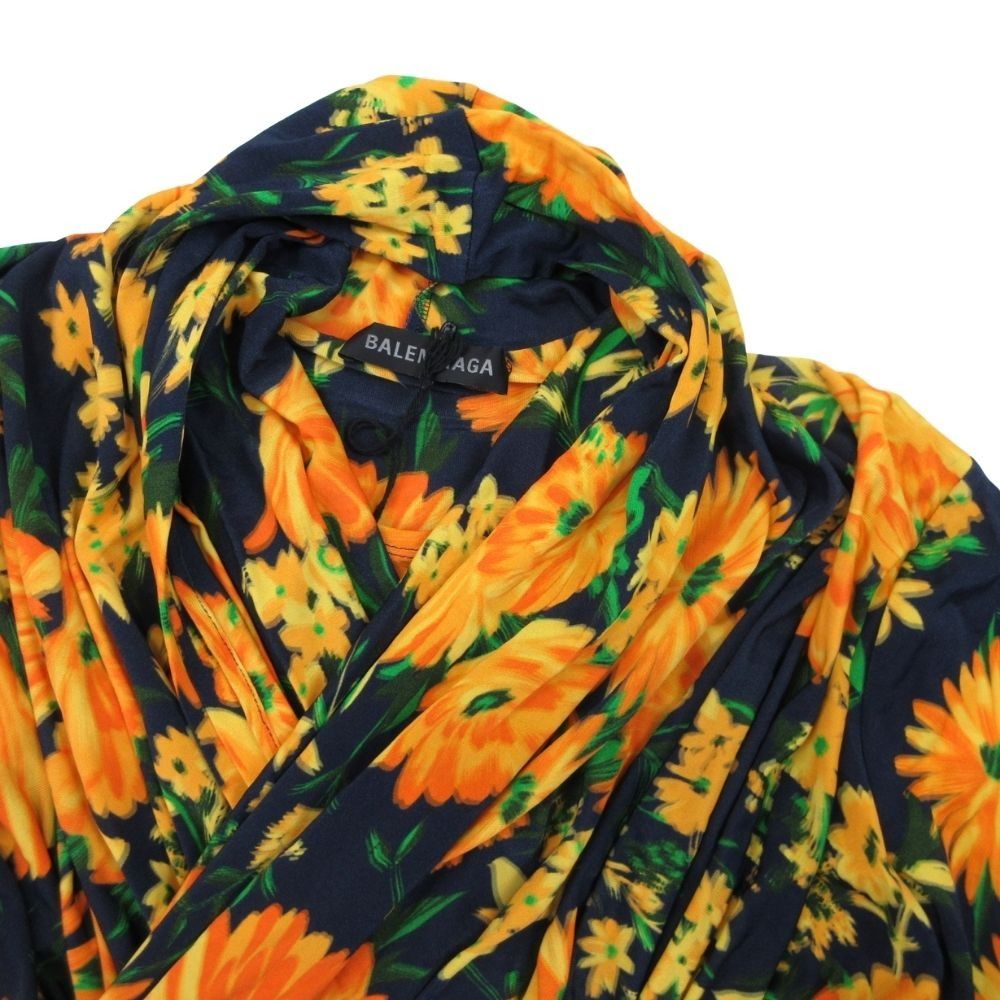 Balenciaga Rayon Stretch Floral Maxi Dress Pattern Navy Orange 34 — view 3