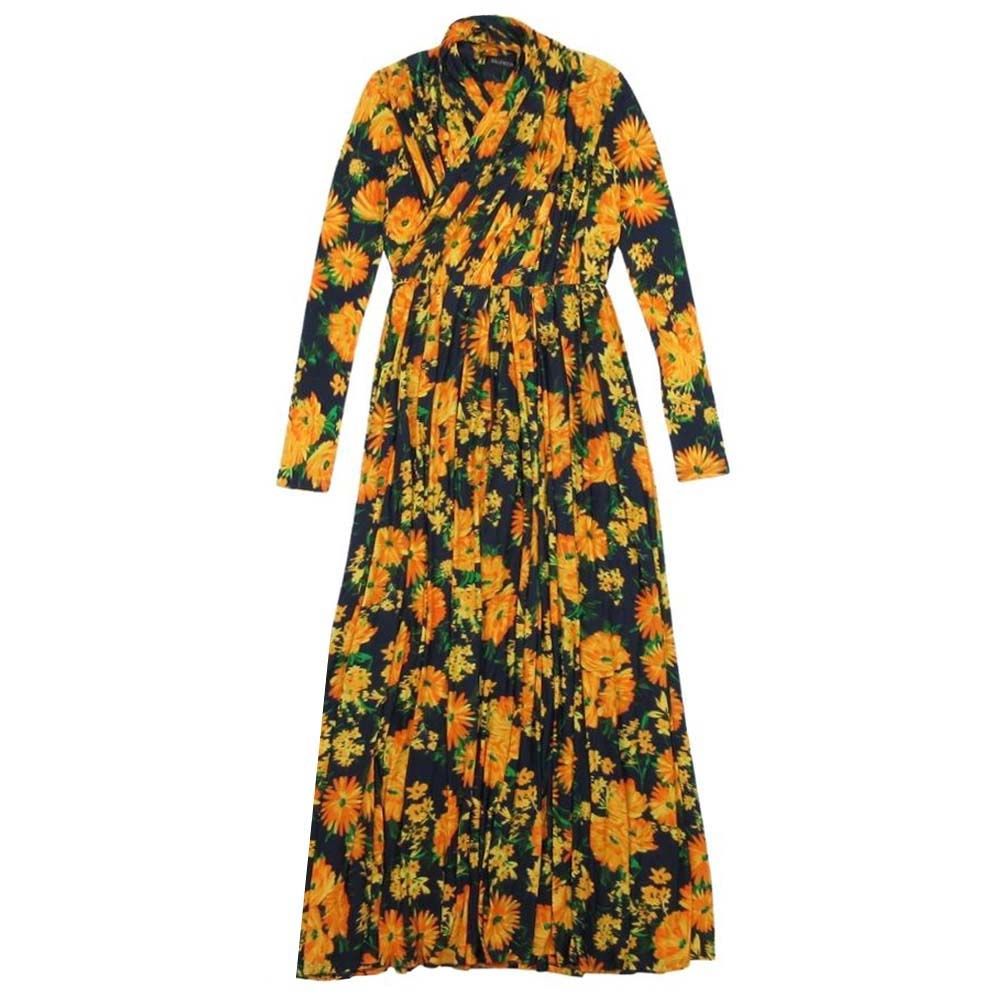 Balenciaga Rayon Stretch Floral Maxi Dress Pattern Navy Orange 34