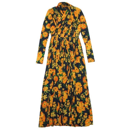 Balenciaga Rayon Stretch Floral Maxi Dress Pattern Navy Orange 34