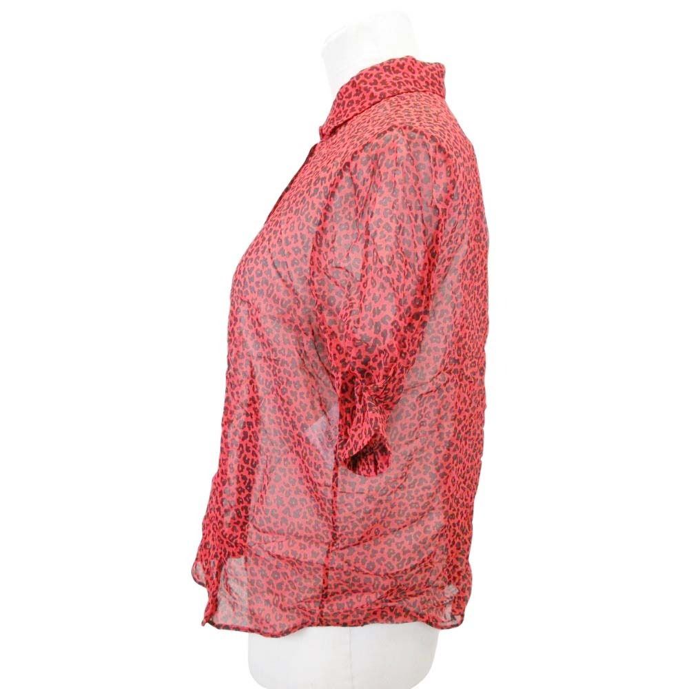 Dior Bee Embroidery Leopard Print Silk Chiffon Shirt Short Sleeve Blouse Red 34 — view 2