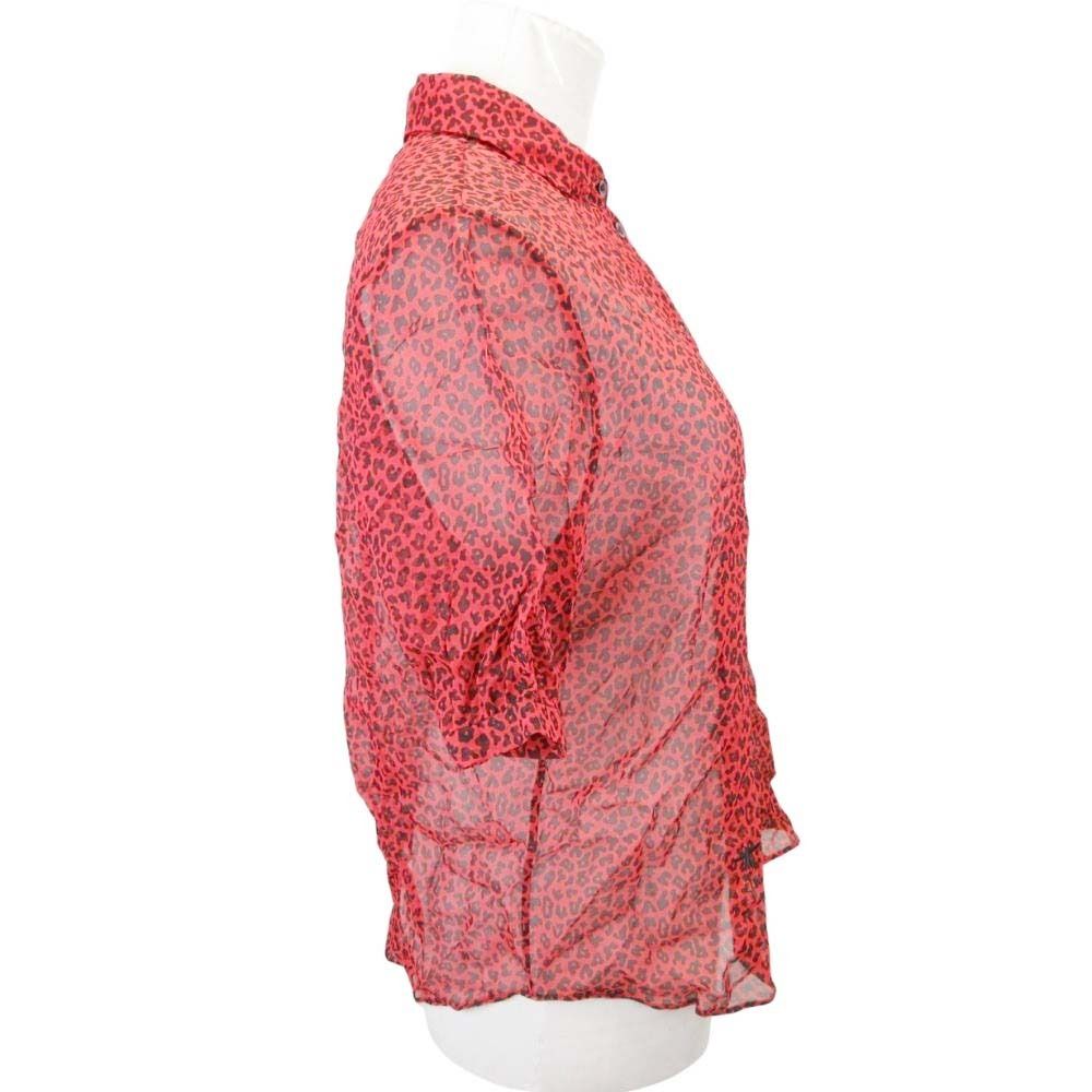 Dior Bee Embroidery Leopard Print Silk Chiffon Shirt Short Sleeve Blouse Red 34 — view 4