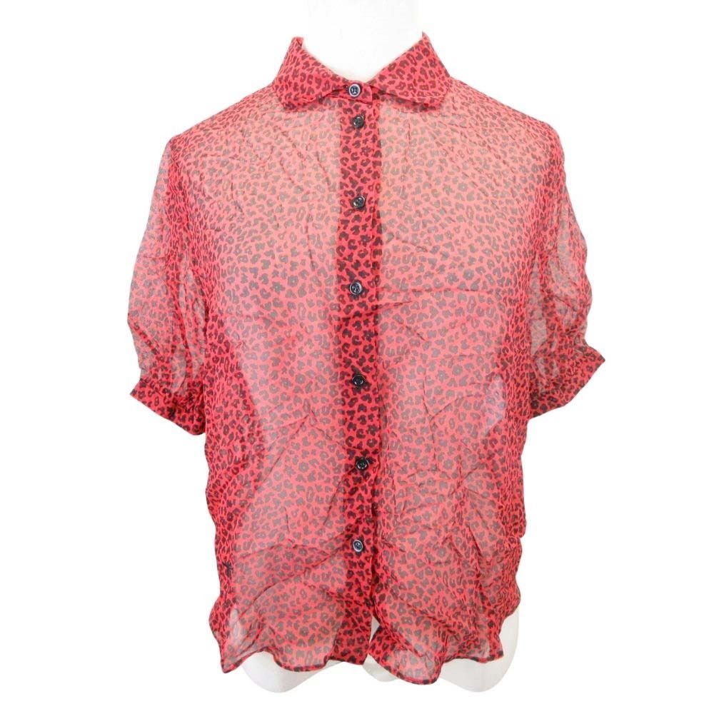 Dior Bee Embroidery Leopard Print Silk Chiffon Shirt Short Sleeve Blouse Red 34