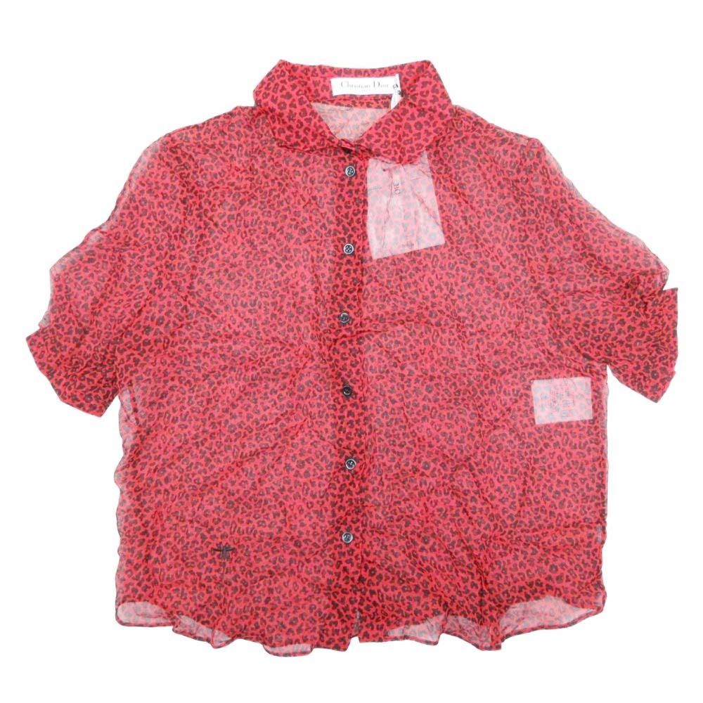Dior Bee Embroidery Leopard Print Silk Chiffon Shirt Short Sleeve Blouse Red 34 — view 5