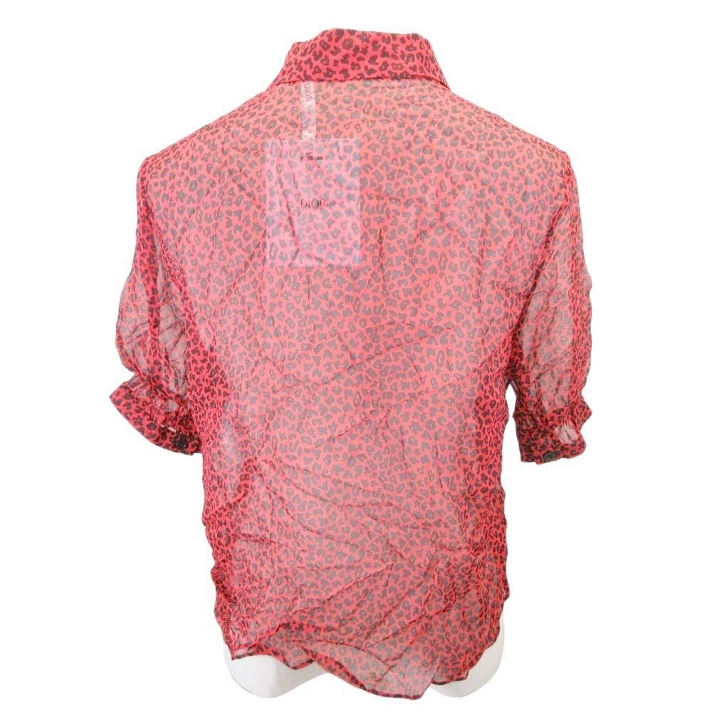Dior Bee Embroidery Leopard Print Silk Chiffon Shirt Short Sleeve Blouse Red 34 — view 3