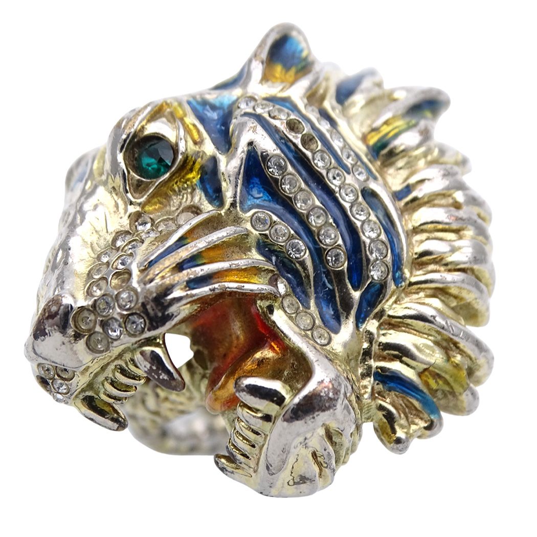 Gucci Ring Gold Plated Tiger M Animal Vintage Blue Tough Cool