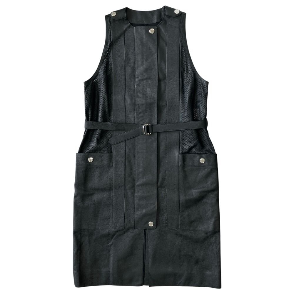 Hermes Deerskin Leather Sleeveless Dress Belted Sellier Silver Black