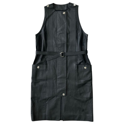 Hermes Deerskin Leather Sleeveless Dress Belted Sellier Silver Black