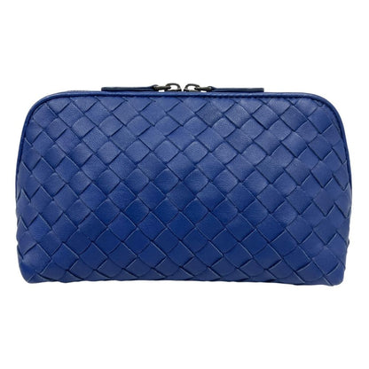 Bottega Veneta Intrecciato Lambskin Leather Pouch Case Double Zip Blue