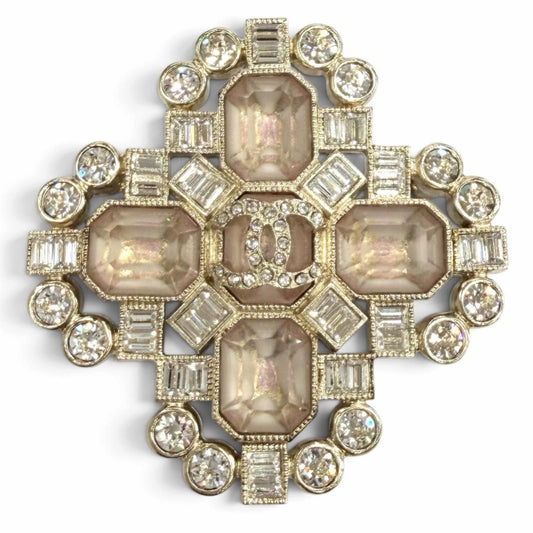 Chanel CC Logo Rhinestone Bijou Brooch Pink Silver