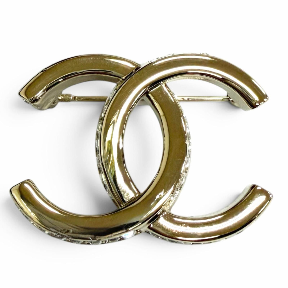 Chanel Rhinestone CC Logo Brooch Gold