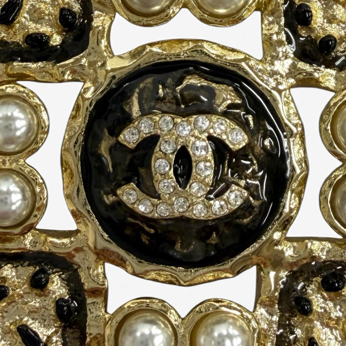 Chanel CC Logo Eco Pearl Rhinestone Square Brooch Black White Gold — view 5