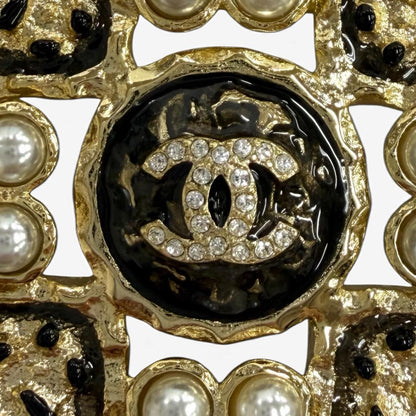 Chanel CC Logo Eco Pearl Rhinestone Square Brooch Black White Gold — view 5