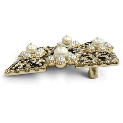 Chanel CC Logo Eco Pearl Rhinestone Square Brooch Black White Gold — view 3
