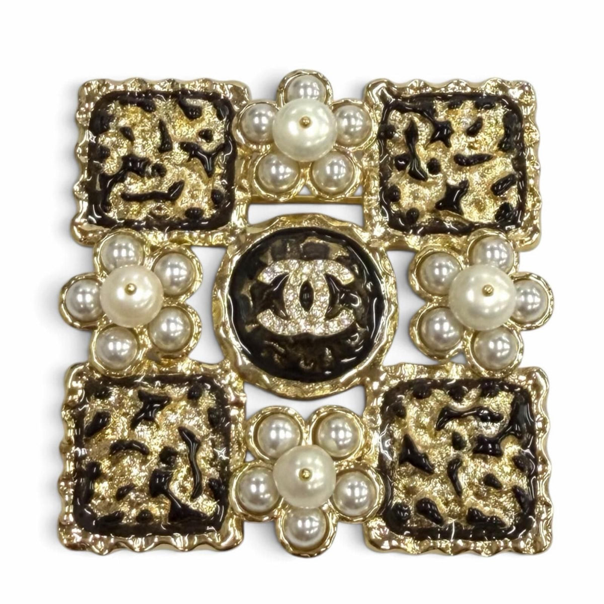 Chanel CC Logo Eco Pearl Rhinestone Square Brooch Black White Gold