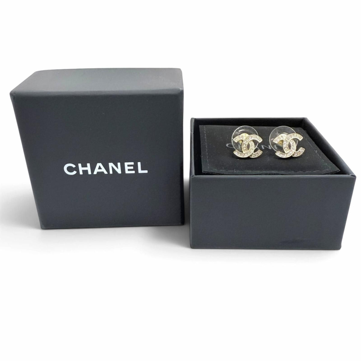 Chanel CC Logo Rhinestone Earrings Gold — view 2
